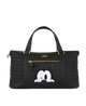 Black handbag with a cartoon character design on a white background