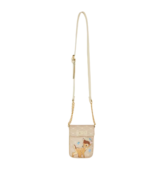 Small crossbody bag with a character design on a white background