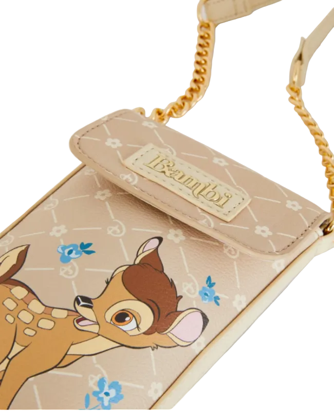 Bambi-themed handbag with gold chain strap on a white background