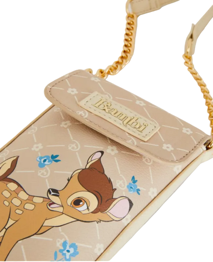 Bambi-themed handbag with gold chain strap on a white background