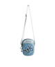Blue crossbody bag with a character design on a light gray background