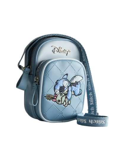 Blue crossbody bag with Disney character design on a light gray background