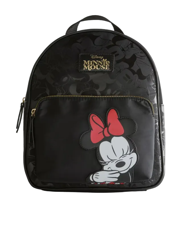 Black backpack with Minnie Mouse design on a gray background