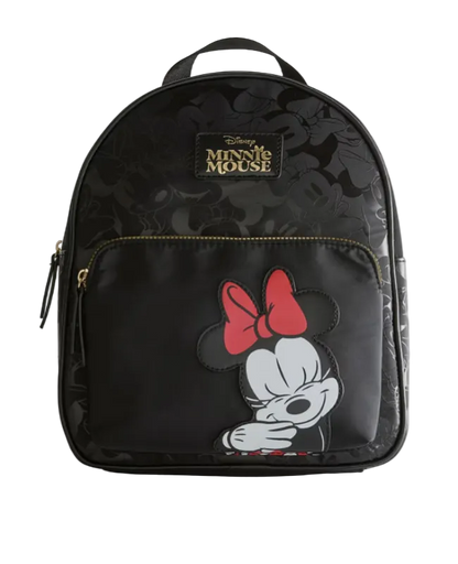 Black backpack with Minnie Mouse design on a gray background