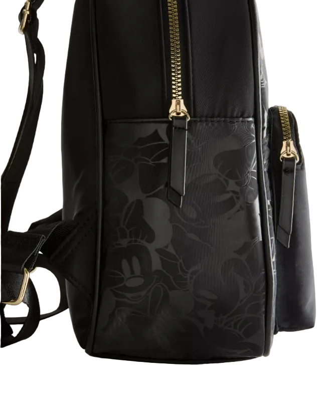 Black backpack with floral pattern and gold zippers on a light gray background