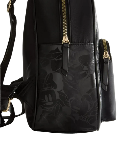 Black backpack with floral pattern and gold zippers on a light gray background