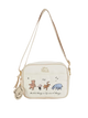 Crossbody bag with illustrations of characters and text on a white background
