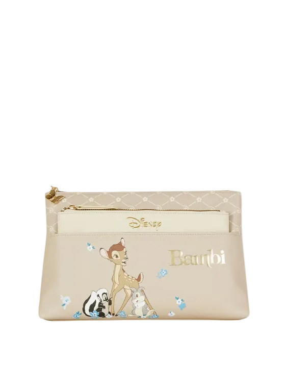 Beige pouch with Disney character design on a white background