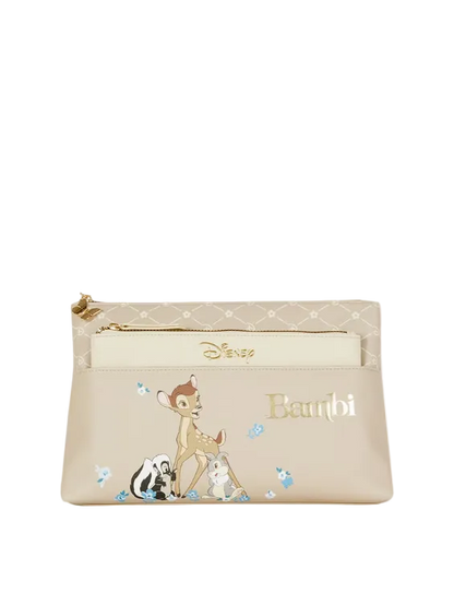 Beige pouch with Disney character design on a white background