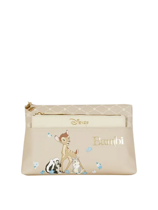 Beige pouch with Disney character design on a white background