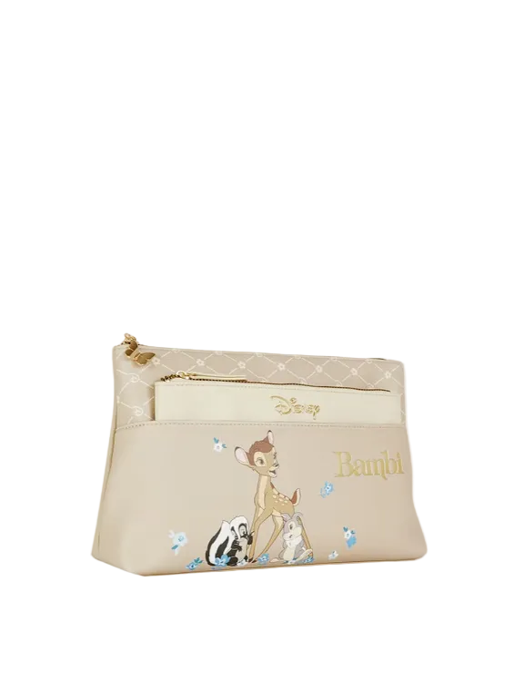 Beige pouch with Disney character design on a white background
