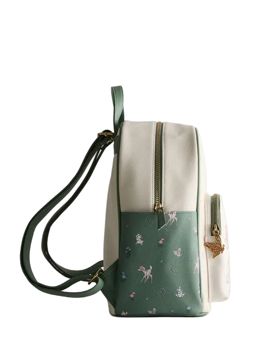 Green and beige backpack with floral pattern on a white background