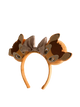 Brown animal-themed headband with ears and bow on a light gray background