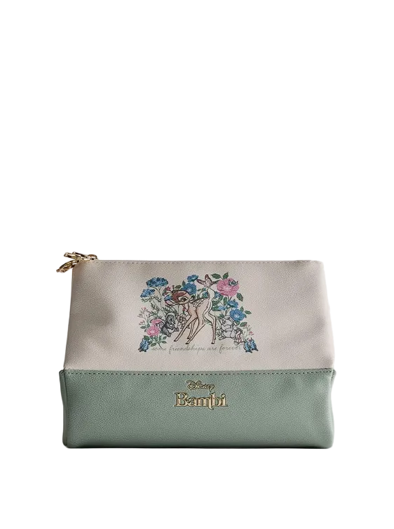 Cosmetic bag with Disney Bambi design on a light gray background