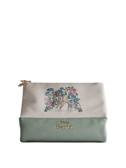 Cosmetic bag with Disney Bambi design on a light gray background