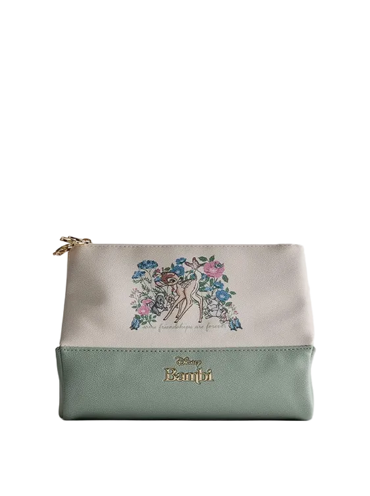 Cosmetic bag with Disney Bambi design on a light gray background