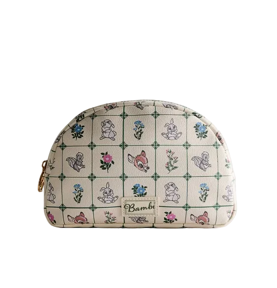 Cosmetic bag with Bambi character design on a light gray background