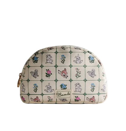Cosmetic bag with Bambi character design on a light gray background
