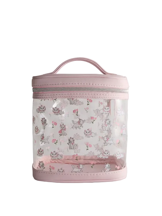 Clear cosmetic bag with pink handle and trim, featuring cat pattern on a light gray background