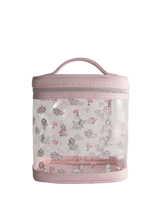 Clear cosmetic bag with pink handle and trim, featuring cat pattern on a light gray background