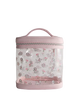 Clear cosmetic bag with pink handle and trim, featuring cat pattern on a light gray background