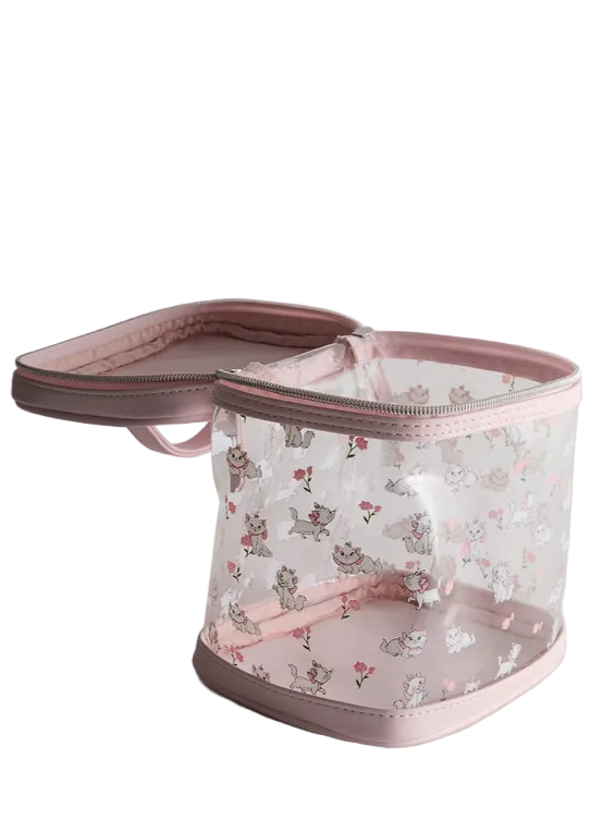 Pink floral-patterned laundry bag with a clear compartment on a light gray background