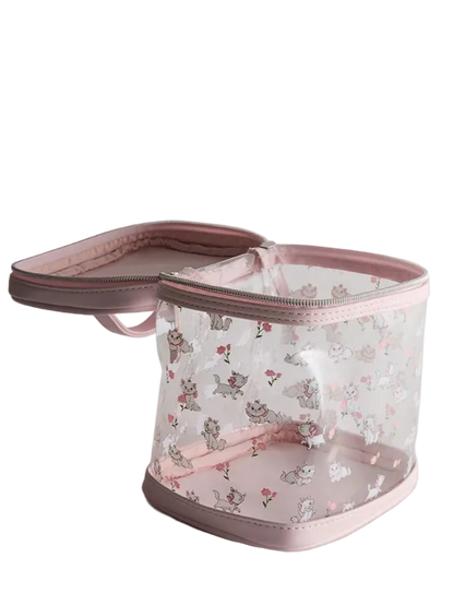 Pink floral-patterned laundry bag with a clear compartment on a light gray background