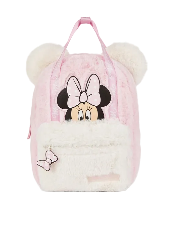 Pink plush backpack with Minnie Mouse design on a white background