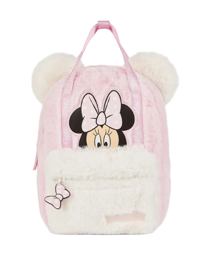 Pink plush backpack with Minnie Mouse design on a white background