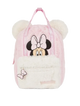 Pink plush backpack with Minnie Mouse design on a white background