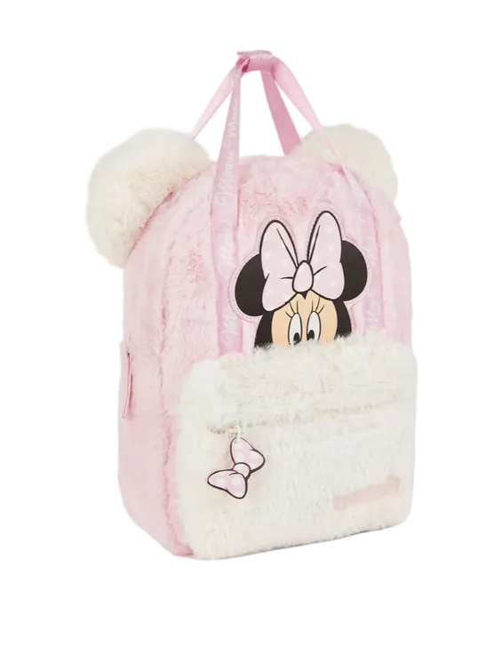 Pink backpack with Minnie Mouse design on a white background
