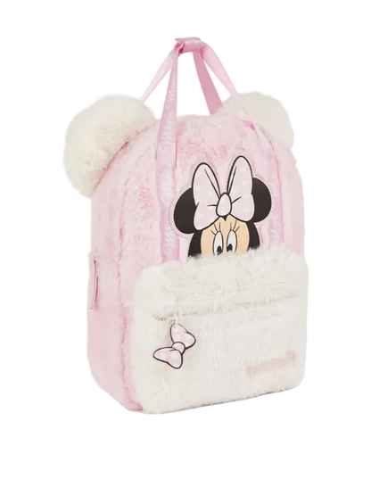 Pink backpack with Minnie Mouse design on a white background