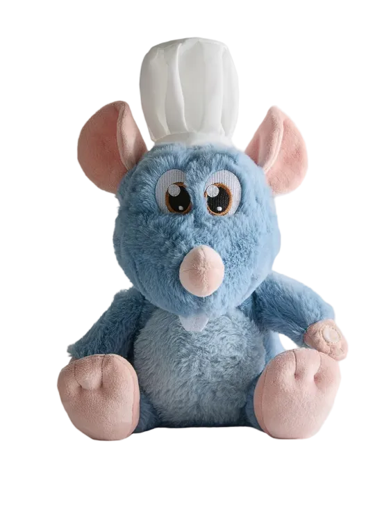 Blue plush toy with a white hat on a light gray background