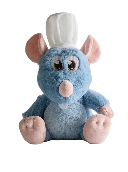 Blue plush toy with a white hat on a light gray background