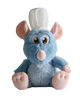 Blue plush toy with a white hat on a light gray background
