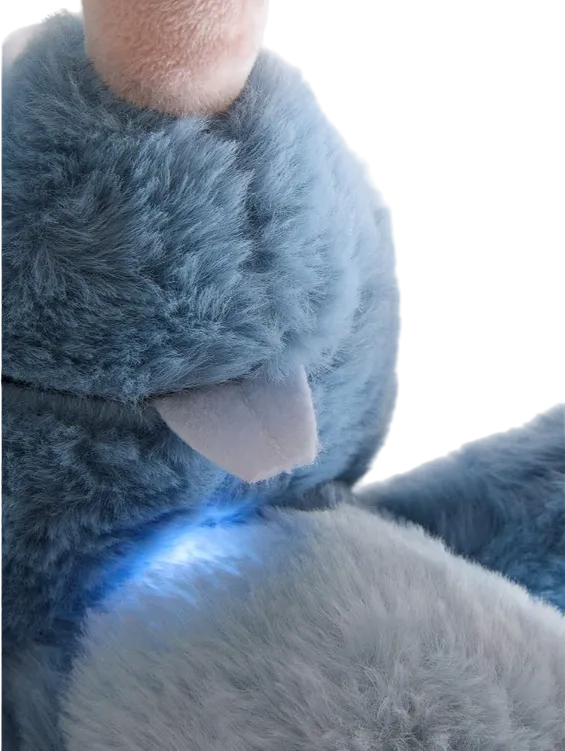 Close-up of a blue plush toy with a blurred background