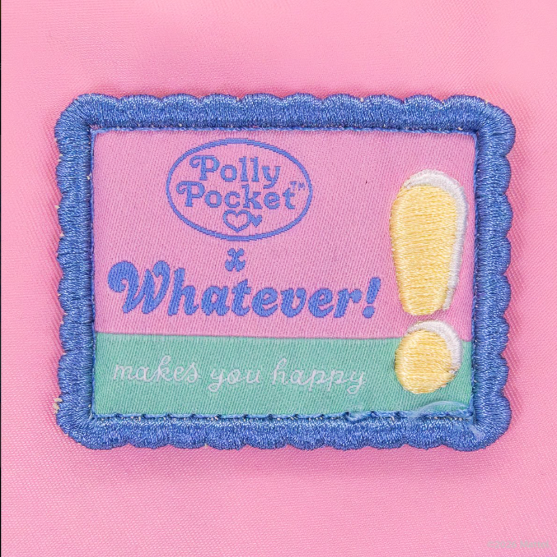 Embroidered patch with 'Polly Pocket Whatever! makes you happy' text on a pink background