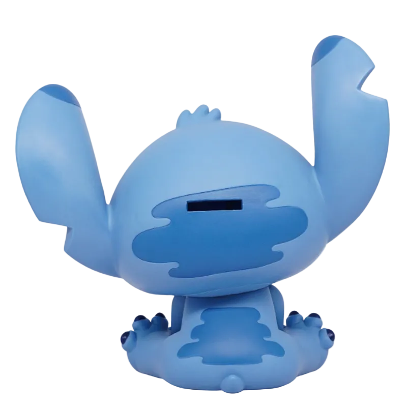 Blue cartoon character figurine with a money box on a white background