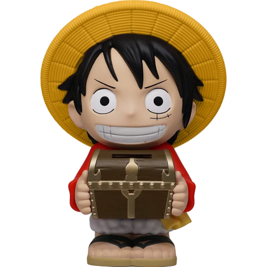 Figurine of a character with a yellow hat and treasure chest on a white background