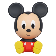 Mickey Mouse figurine with black ears, red outfit, and yellow shoes on a white background