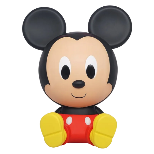 Mickey Mouse figurine with black ears, red outfit, and yellow shoes on a white background