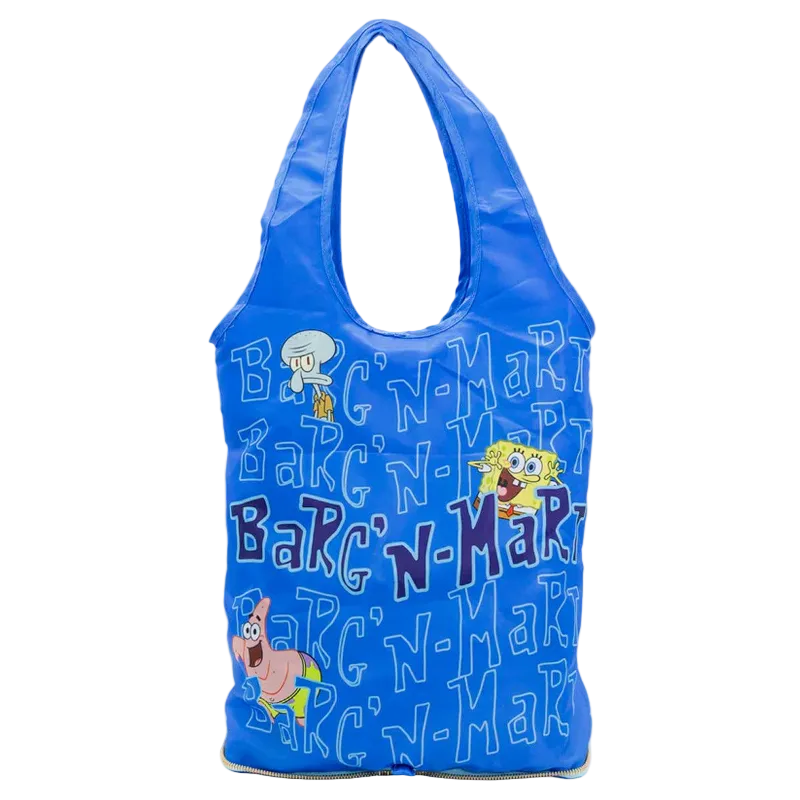Blue reusable bag with cartoon characters and text on a white background