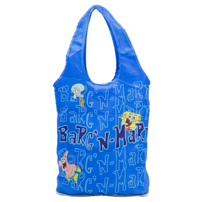 Blue reusable bag with cartoon characters and text on a white background