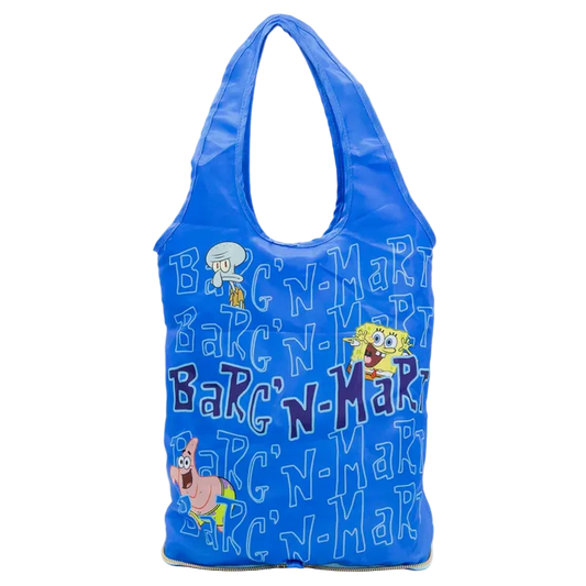 Blue reusable bag with cartoon characters and text on a white background