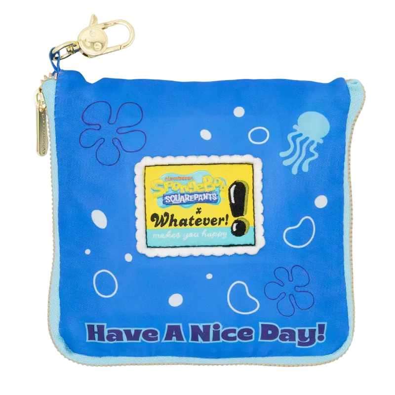 Blue pouch with cartoon designs and text, featuring a 'SpongeBob SquarePants' logo.