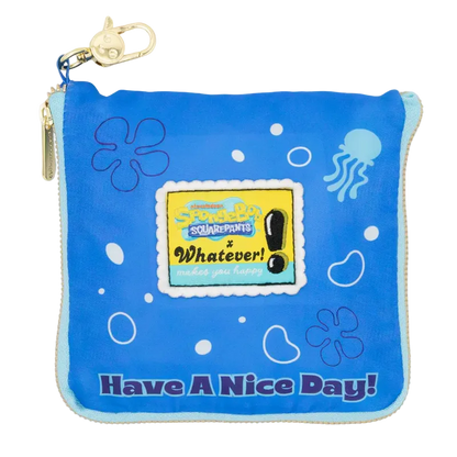 Blue pouch with cartoon designs and text, featuring a 'SpongeBob SquarePants' logo.