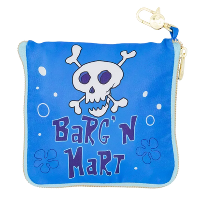 Blue pouch with skull design and 'Barg'n Mart' text on a white background