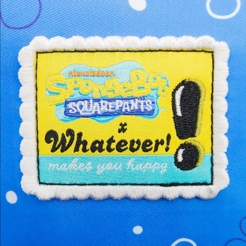 Embroidered patch with SpongeBob SquarePants text and exclamation mark on a blue background