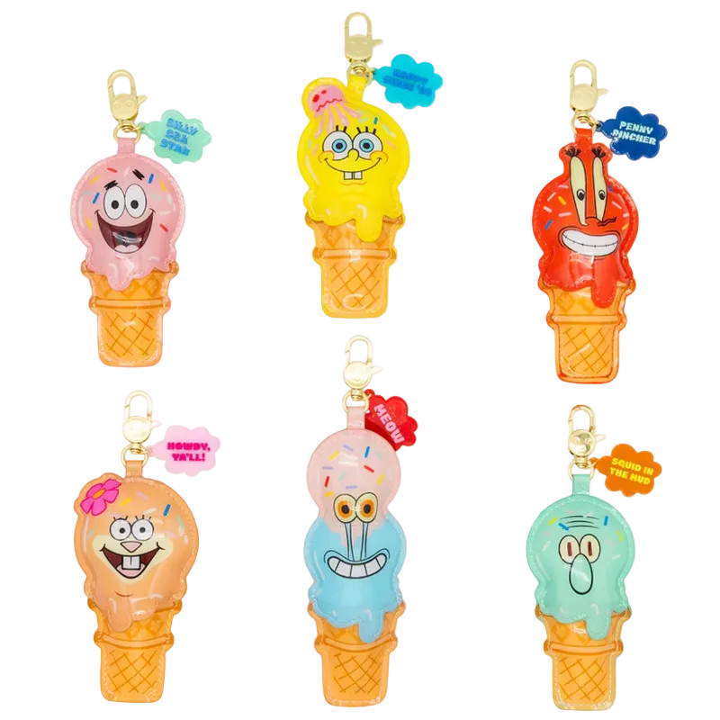 Set of colorful ice cream cone keychains with cartoon characters on a white background