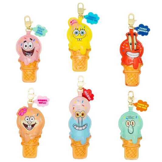 Set of colorful ice cream cone keychains with cartoon characters on a white background